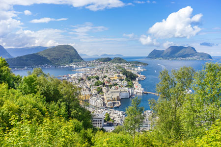 Beautiful view of Alesund over the mountains