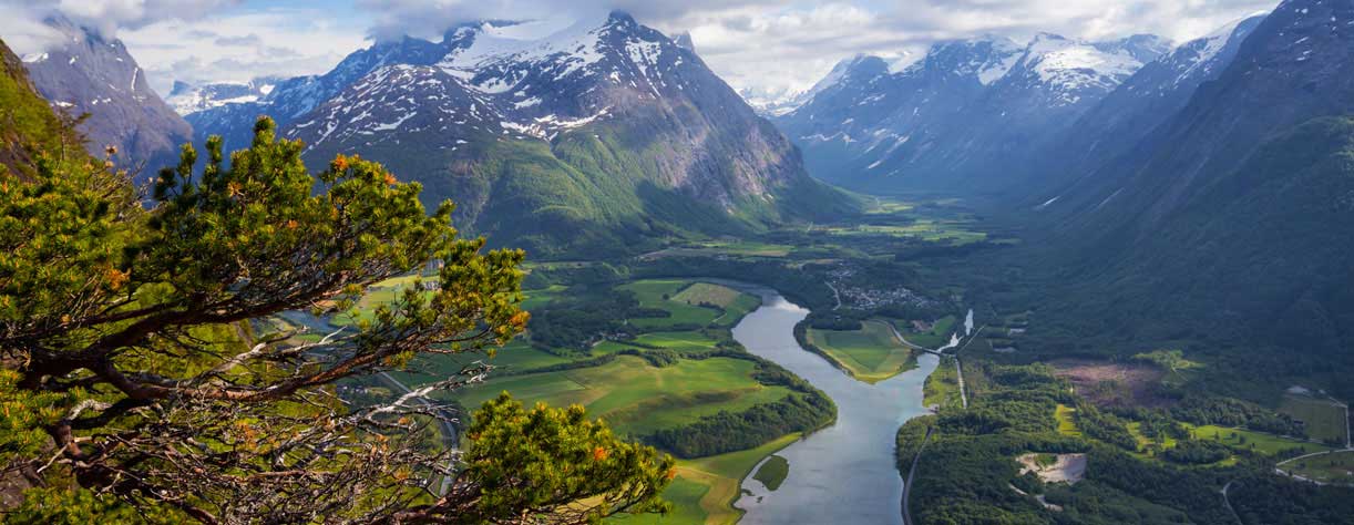 Beautiful views of river running through hilld in Andalsnes, Norway