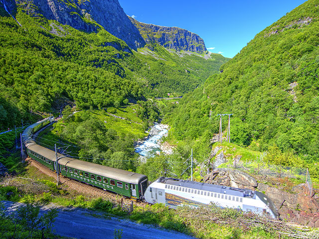 Flam railway through the hills of Norway