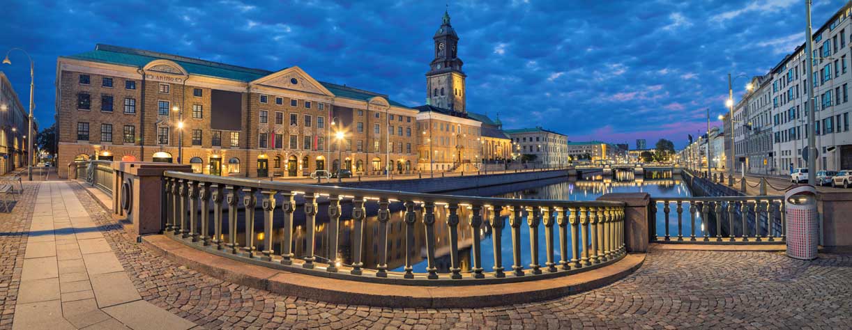 Panoramic view on the embankment from Residence bridge in the evening, Gothenburg
