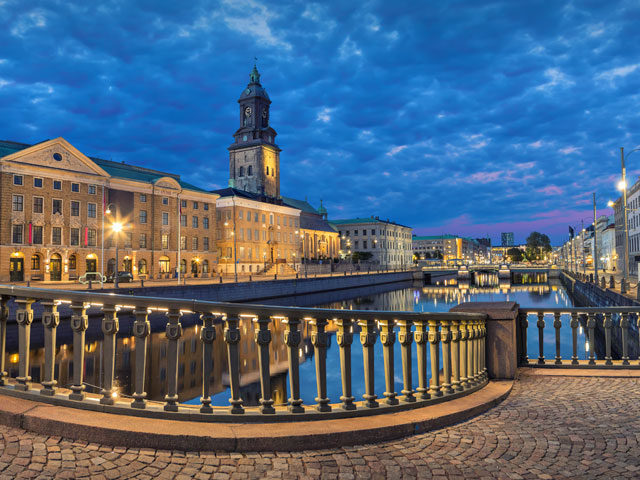 Panoramic view on the embankment from Residence bridge in the evening, Gothenburg