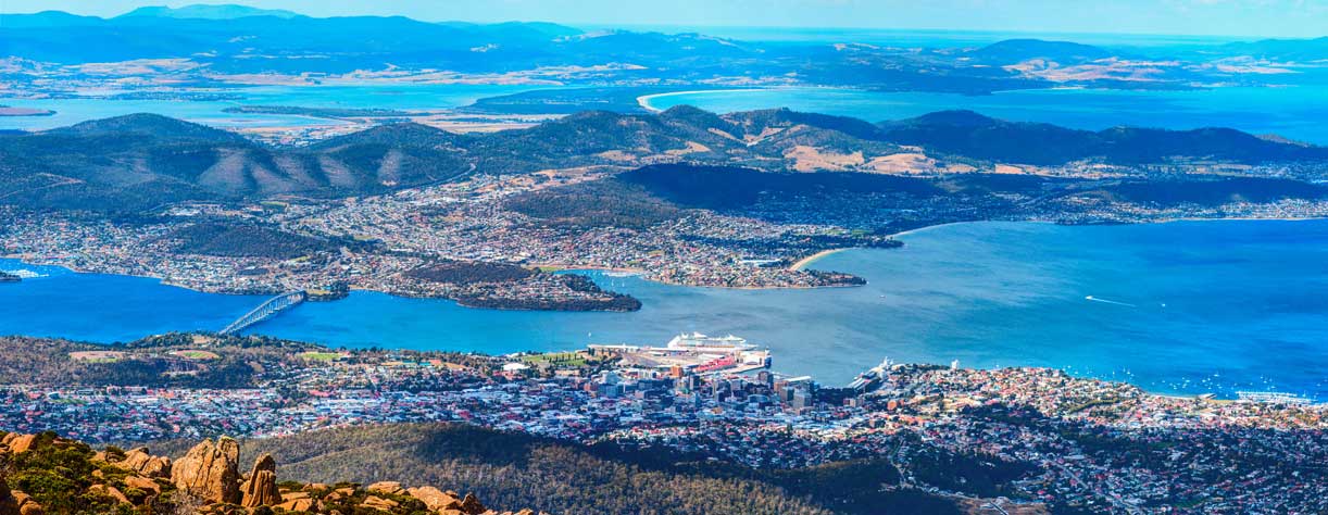 Aerial view of Hobart and its vicinity from the Mount Wellington peak