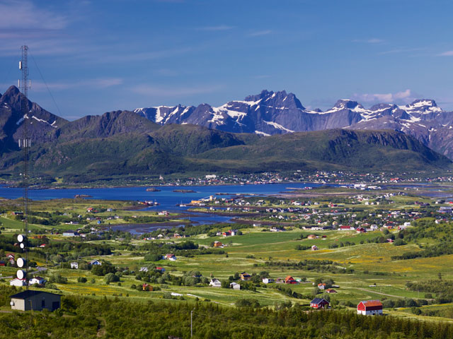 View over Leknes with mountains in background, Norway