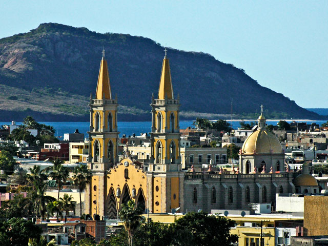 Aerial view of Mazatlan cathedral and the old town as seen from the cruise ship