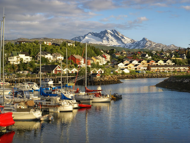 Picturesque view of Narvik and its houses at the foot of a mountain with view of the port