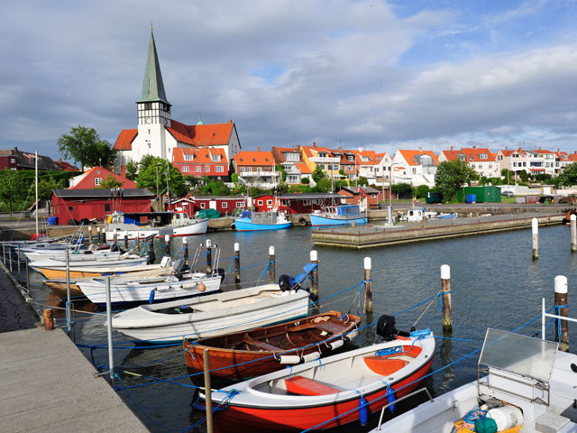 Ronne Marina and white church in Bornholm Denmark