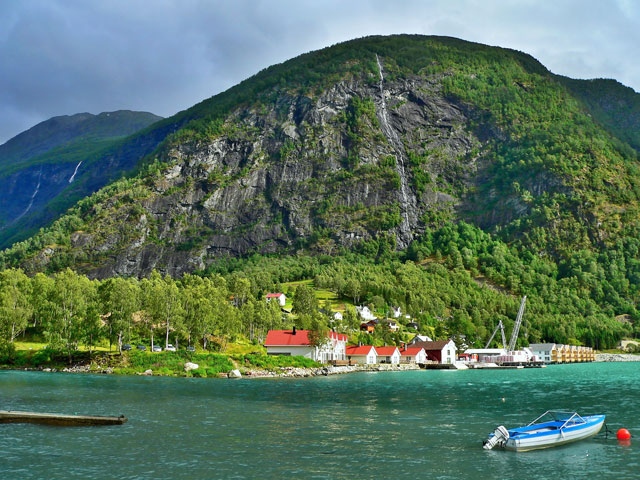 River side houses in Skjolden, Norway