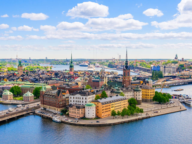 Aerial panorama from height of bird's flight on observation deck on tower City Hall to Gamla Stan (Old Town) Stockholm Sweden