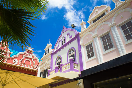 Colourful Dutch architecture on buildings in Caribbean, Oranjestad, Aruba