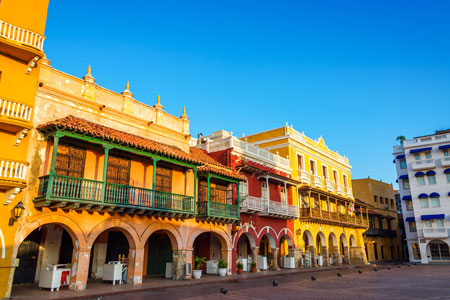 Historic and colorful colonial buildings in the center of Cartagena, Colombia