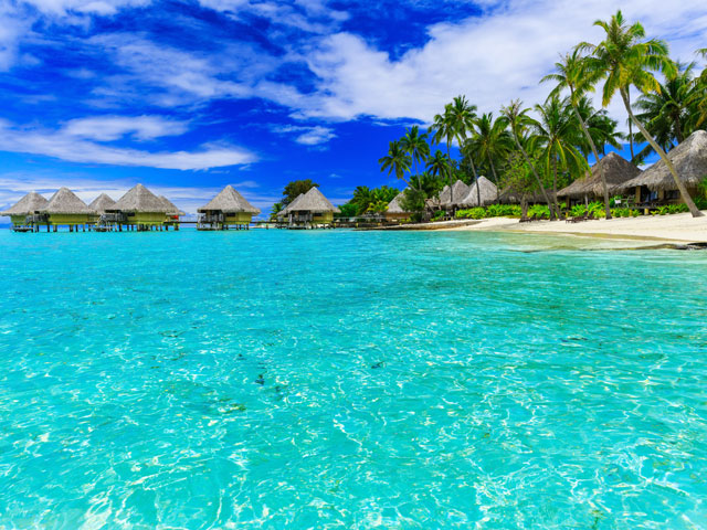  Bora Bora French Polynesia Over water bungalows palm trees and beach