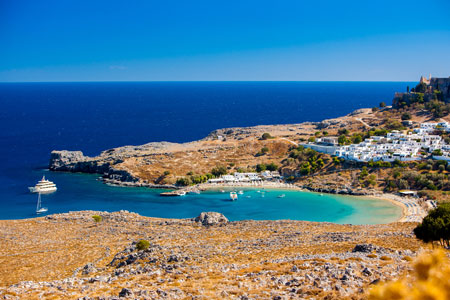 Beautiful view of Lindos Bay in Rhodes Island, Greece