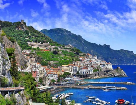 Italy scenic Amalfi coast view with cave and serpantine road