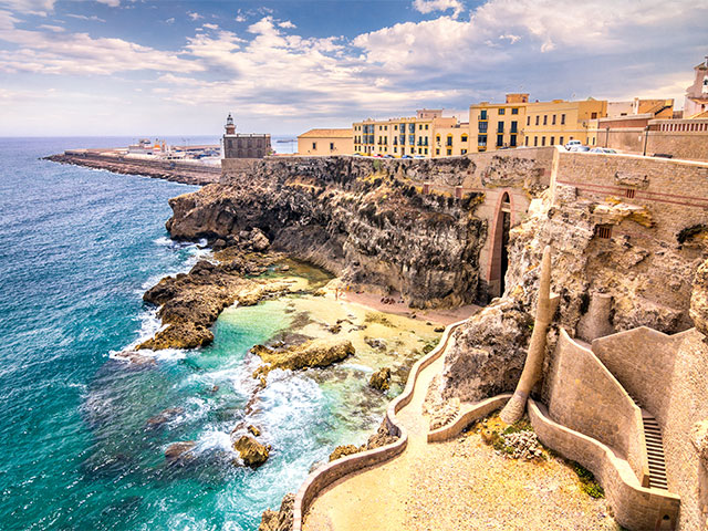 City walls, lighthouse and harbor in Melilla, Spanish province in Morocco