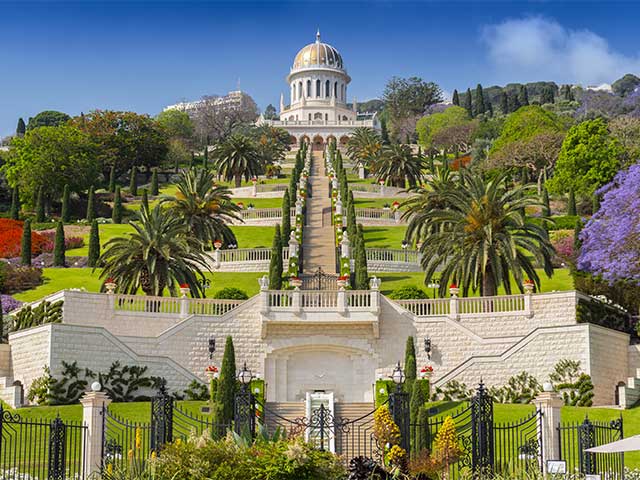 View of Bahai gardens and the Shrine of the Bab on mount Carmel in Haifa, Israel.