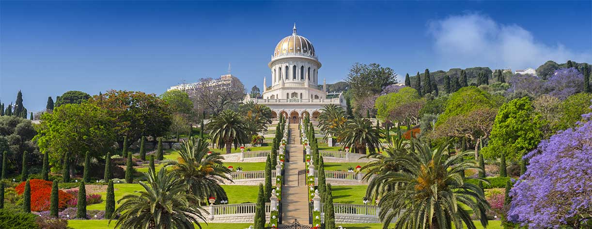 View of Bahai gardens and the Shrine of the Bab on mount Carmel in Haifa, Israel.