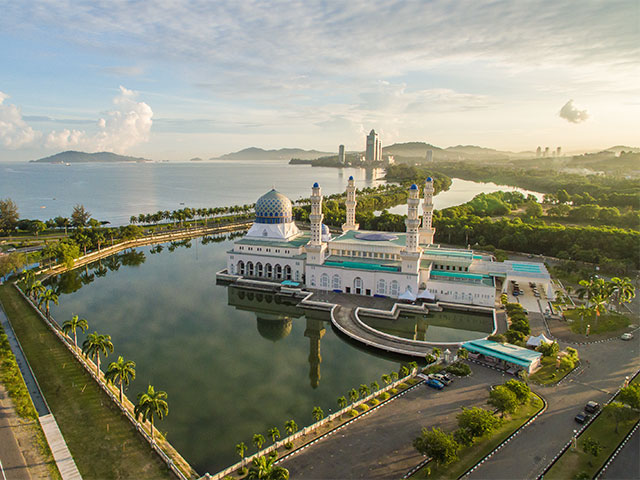 Aerial view of Kota Kinabalu City Floating Mosque, Sabah Borneo East Malaysia