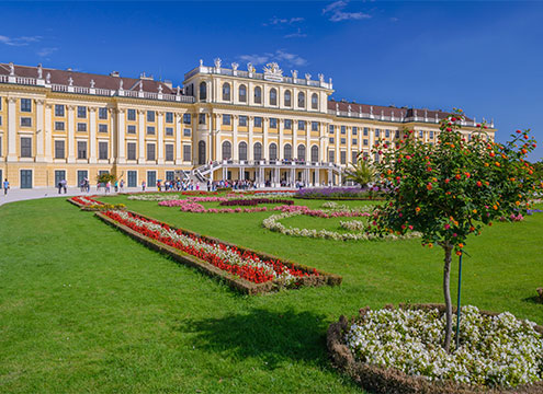 Beautiful view of famous Schönbrunn Palace with Great Parterre garden in Vienna, Austria Cultural Cities of the Upper Danube