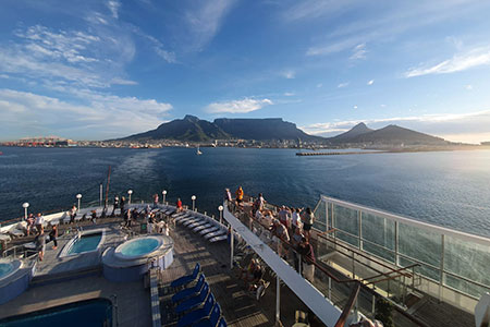 Boudicca cruising out of Cape Town, South Africa - table mountain in the background