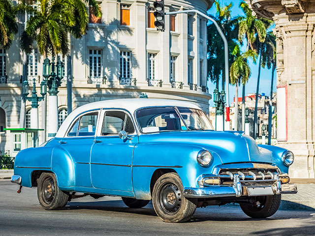 Blue classic car in Havana, Cuba