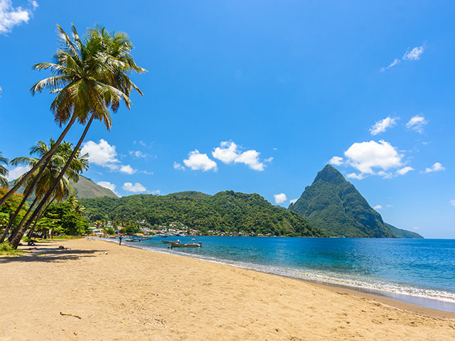 The Pitons, mountainous volcanic plugs, in St Lucia