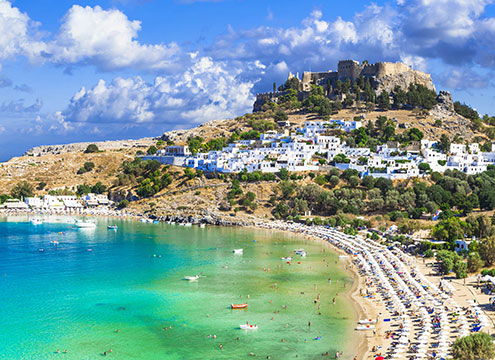 Panoramic view of Lindos bay, village and Acropolis, Rhodes, Greece Adriatic, Greek Islands & Corinth Canal