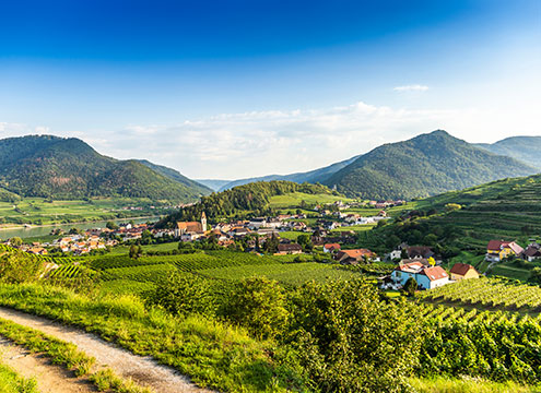 Scenic views into Wachau valley, Danube river Scenic views into Wachau valley, Danube river