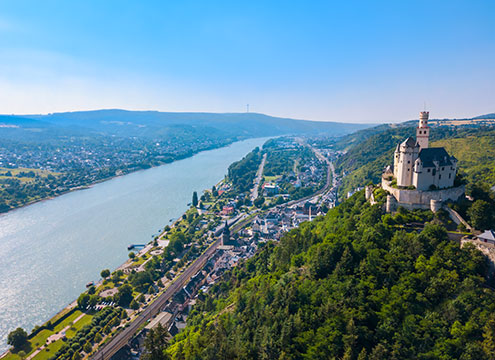 Marksburg castle ariel view, Braubach, River Rhine Marksburg castle ariel view, Braubach, River Rhine