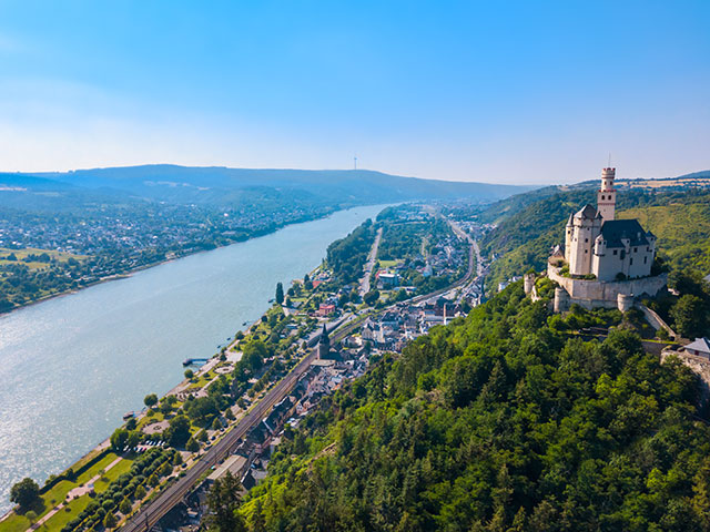 Marksburg castle ariel view, Braubach, River Rhine Marksburg castle ariel view, Braubach, River Rhine