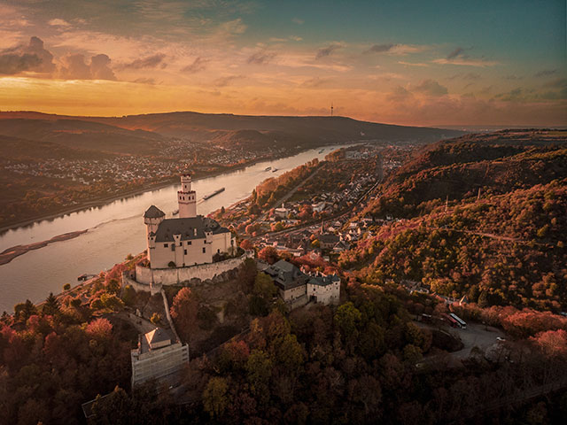 Marksburg castle ariel view, Braubach, River Rhine Marksburg castle ariel view, Braubach, River Rhine