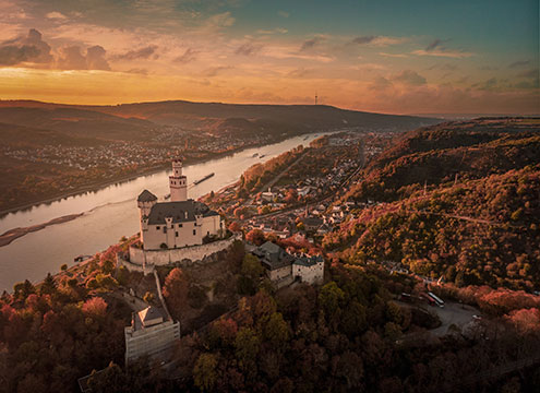 Marksburg castle ariel view, Braubach, River Rhine Marksburg castle ariel view, Braubach, River Rhine