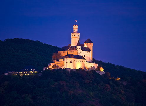 Marksburg castle at night, Braubach, River Rhine Marksburg castle at night, Braubach, River Rhine