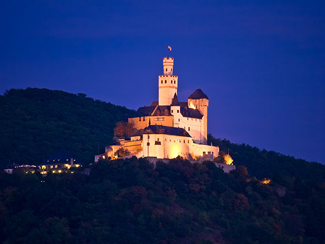 Marksburg castle at night, Braubach, River Rhine Marksburg castle at night, Braubach, River Rhine