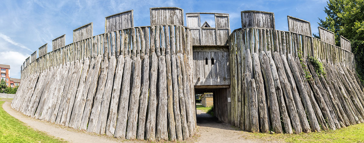 Reconstructed wooden viking fort called a trelleborg in the swedish city of the same name