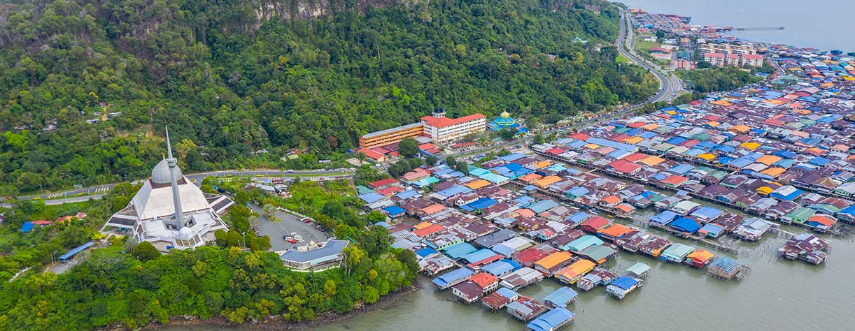 An aerial image of local water village houses, Sandakan City, Malaysia.