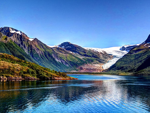 Panorama view to Nordfjorden and Svartisen glacier at Meloy, Norway