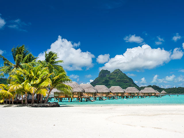 View of water bungalows in Bora Bora, French Polynesia