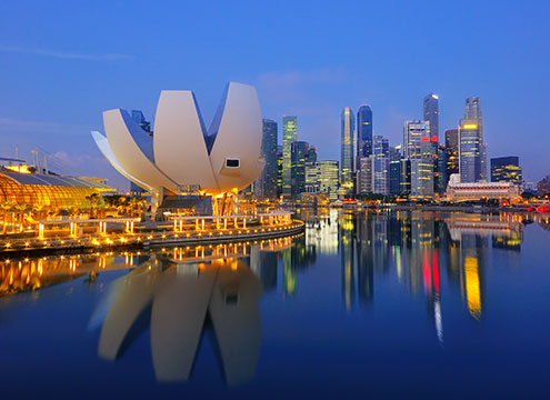 Singapore skyline at night Around the World, Southampton to Liverpool