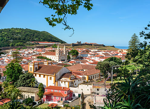 Aerial view of the city of Angra do Heroismo , Azores Portugal Scenic Landscapes of the Azores & Madeira