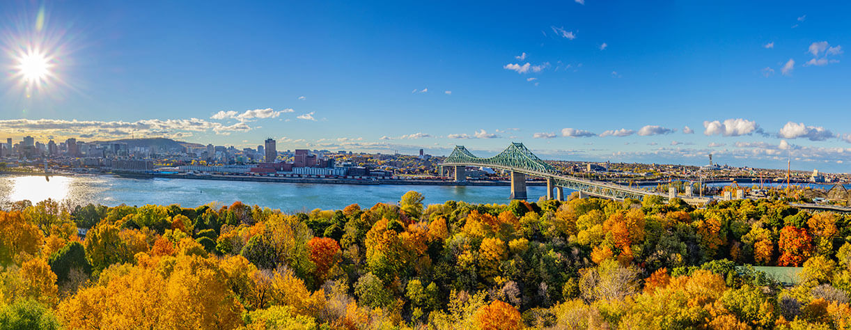 Panorama of Montreal, Quebec, Canada, and the Saint-Lawrence river in fall