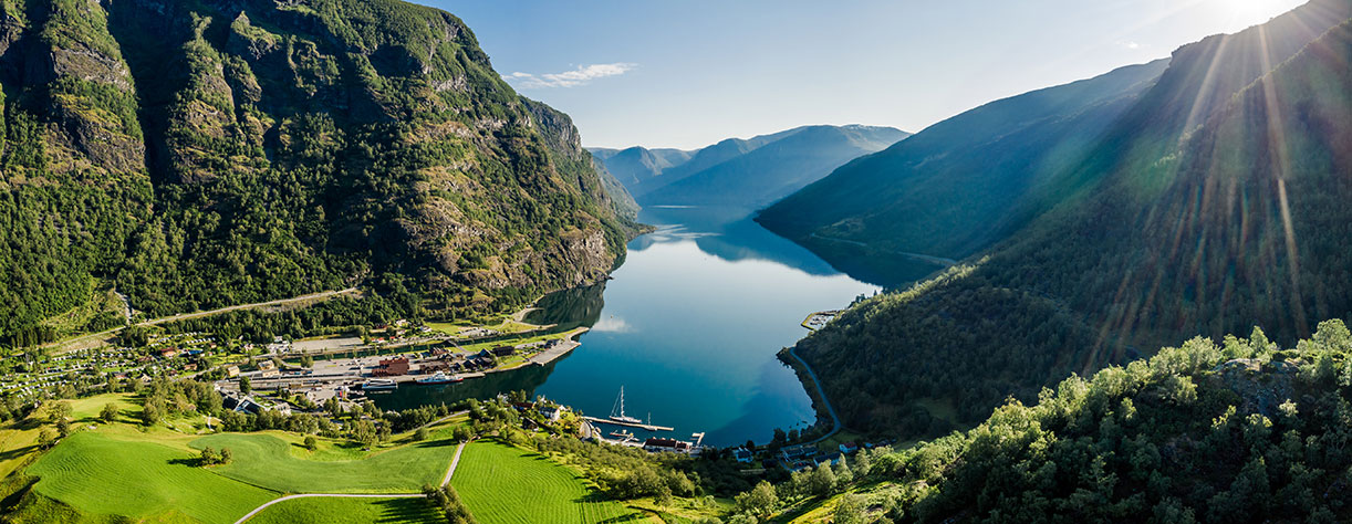 Aurlandsfjord Town Of Flam at dawn. Beautiful Nature Norway natural landscape. Aurlandsfjord Town Of Flam at dawn. Beautiful Nature Norway natural landscape.