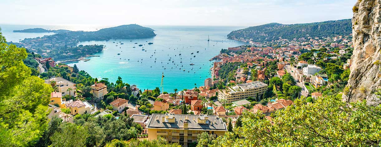 Aerial view of French Riviera coast with medieval town Villefranche sur Mer, Nice, France