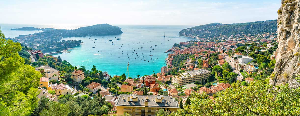 Aerial view of French Riviera coast with medieval town Villefranche, France