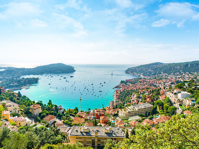 Aerial view of French Riviera coast with medieval town Villefranche, France