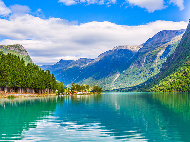 Nordfjord fjord, mountains, forest and glacier, Norway