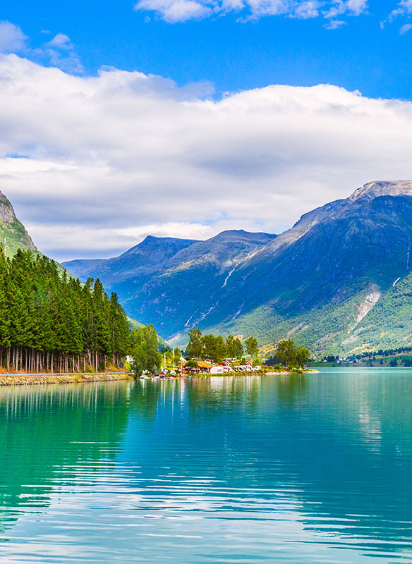 Nordfjord fjord, mountains, forest and glacier, Norway