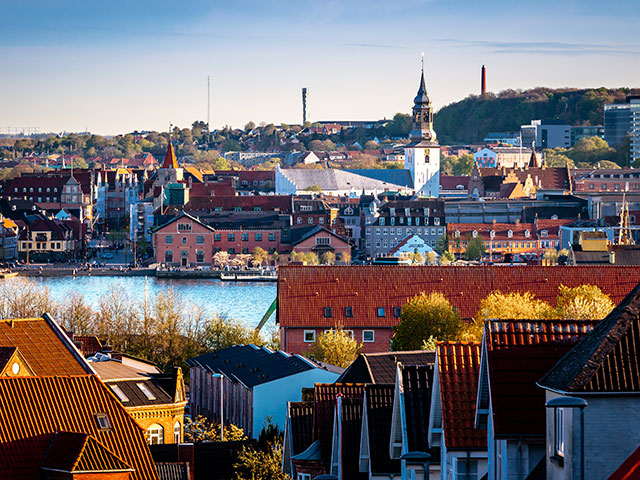 View of central Aalborg and waterfront, Denmark