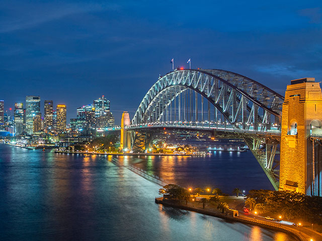 Sydney Harbour Bridge and skyline during sunset, Australia