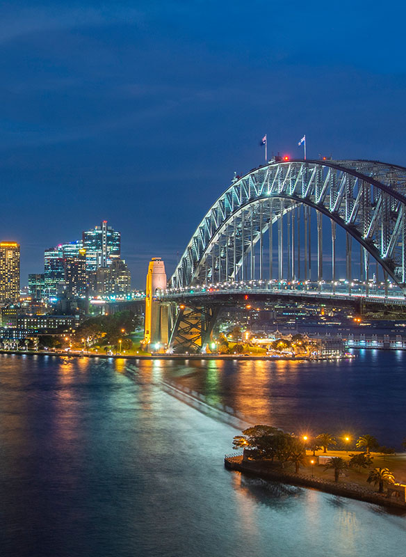 Cityscape image of Sydney, Australia with Harbour Bridge and Sydney skyline during sunset