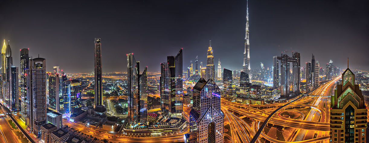 Dubai skyline with city lights, UAE